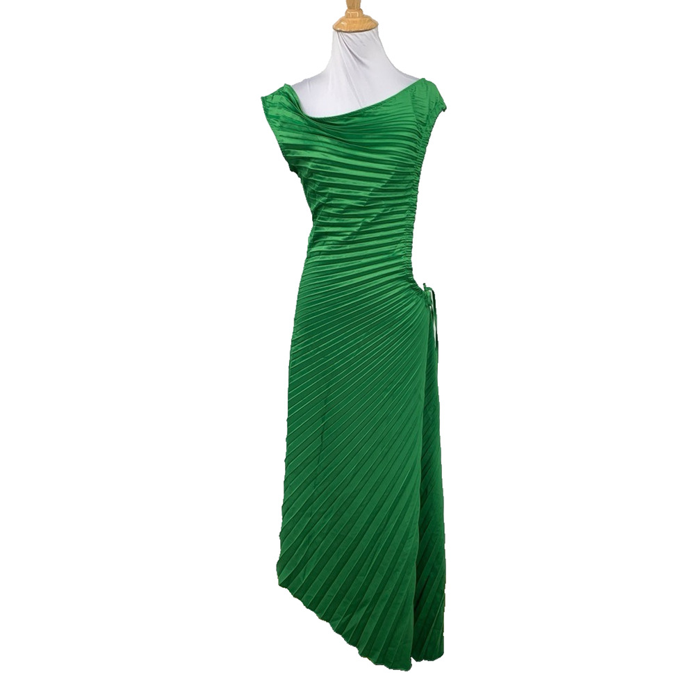 Commense Dress Womens S Small Green Bold In Pleat Satin Cutout Long Asymmetrical